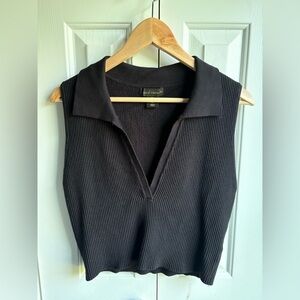 House of Harlow 1960 Black Ribbed V-Neck Collared Sleeveless Crop Top Size Large